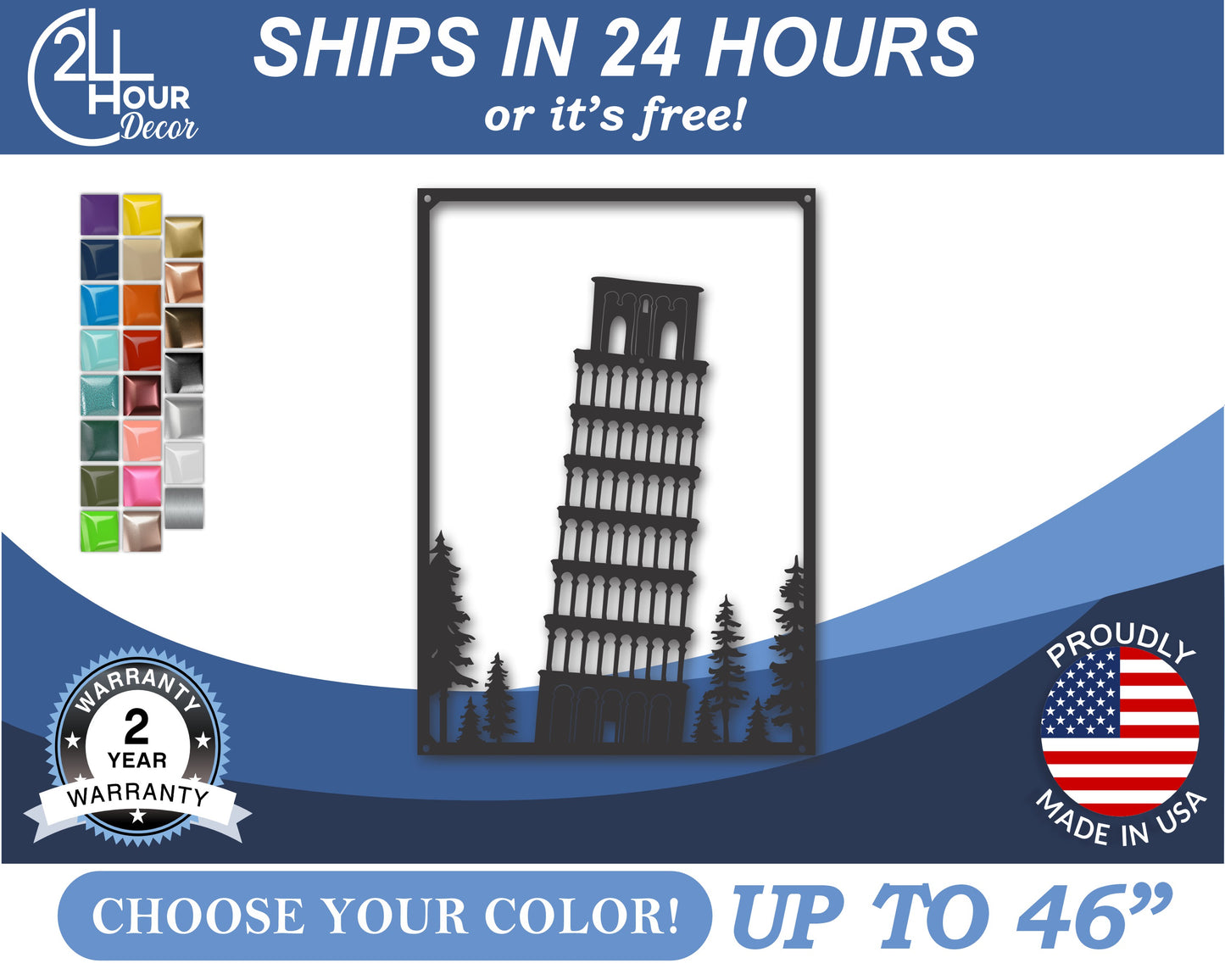 Custom Metal Leaning Tower of Pisa Wall Art | Indoor Outdoor | Up to 46" | 20+ Color Options