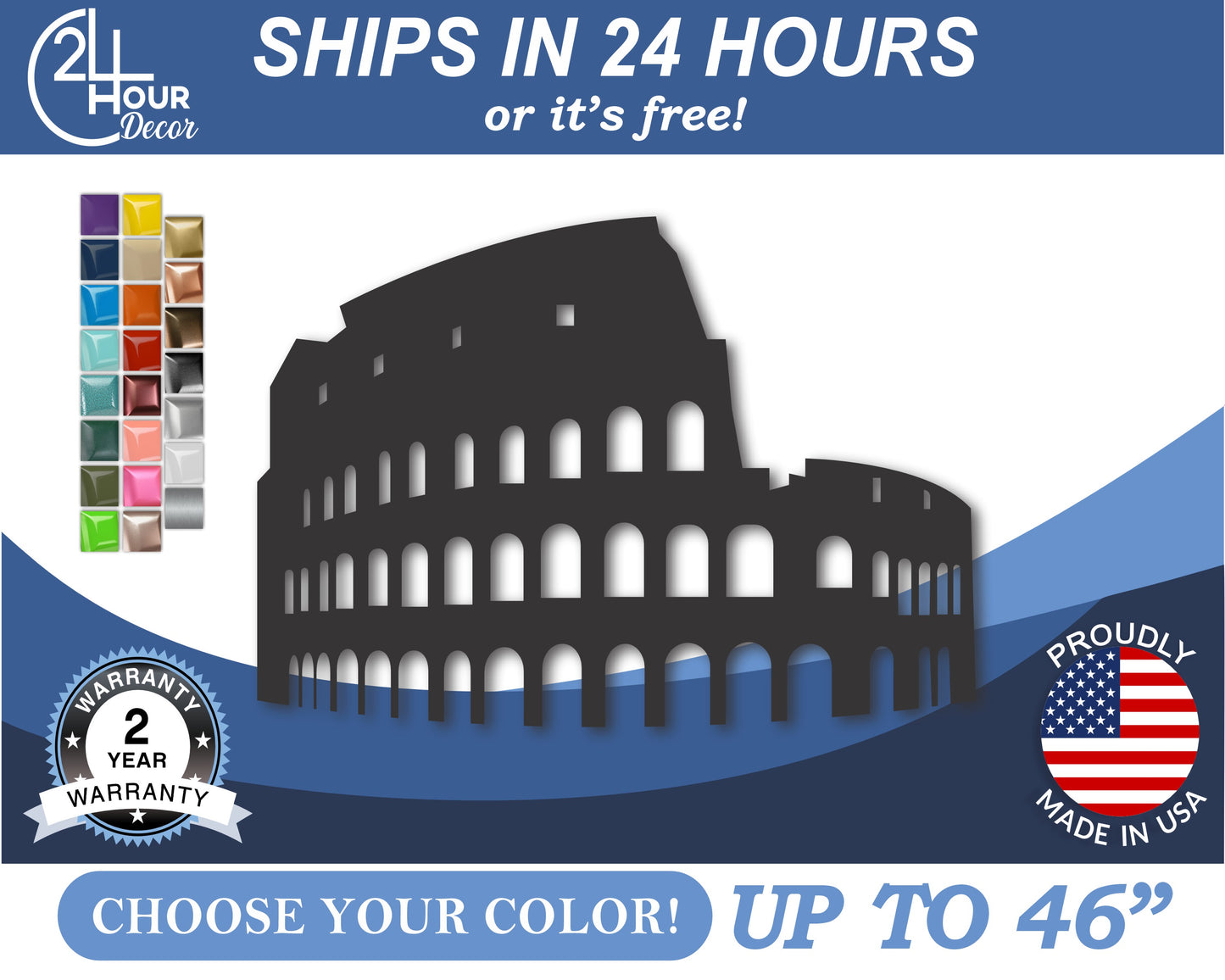 Custom Metal Colosseum Wall Art | Indoor Outdoor | Up to 46" | 20+ Color Options