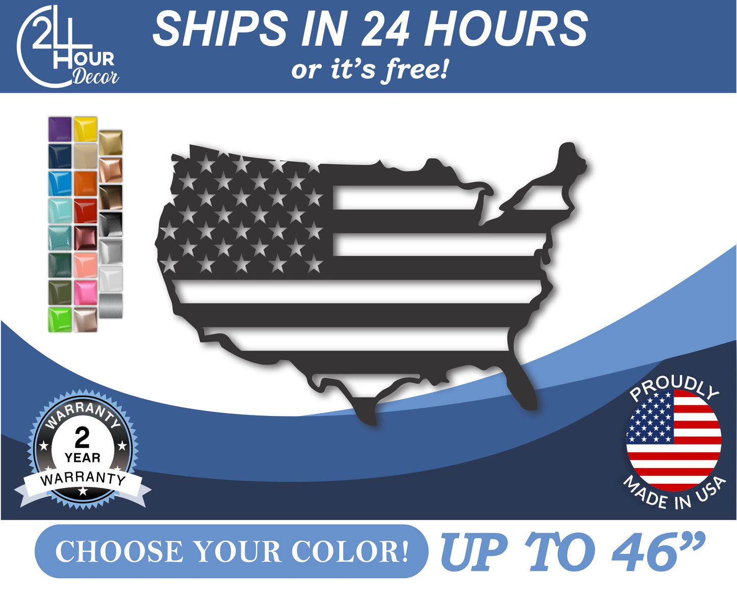 Custom Metal USA Flag Wall Art | Indoor Outdoor | Up to 46" | 20+ Color Options