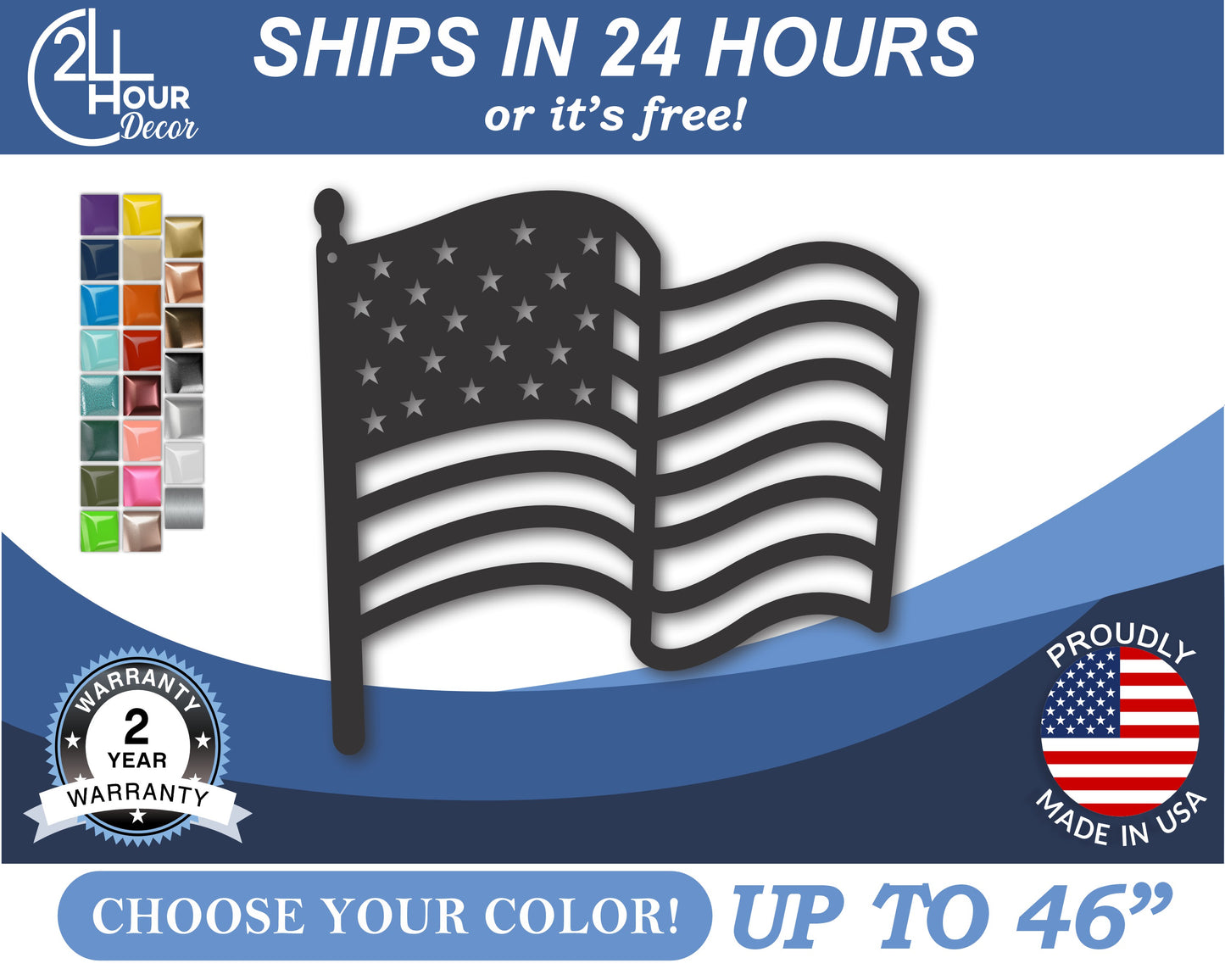 Custom Metal Waving American Flag Wall Art | Indoor Outdoor | Up to 46" | 20+ Color Options