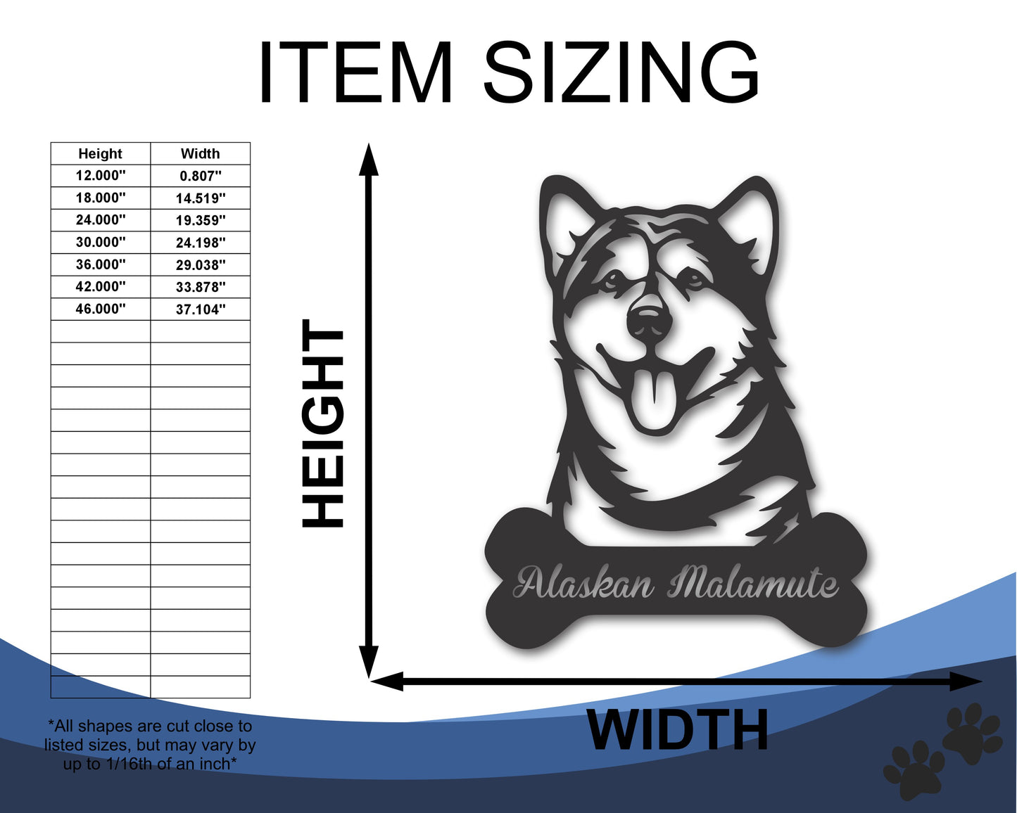 Custom Metal Alaskan Malamute Wall Art -  Metal Dog Breed Sign - 20+ Color Options - Up to 46"