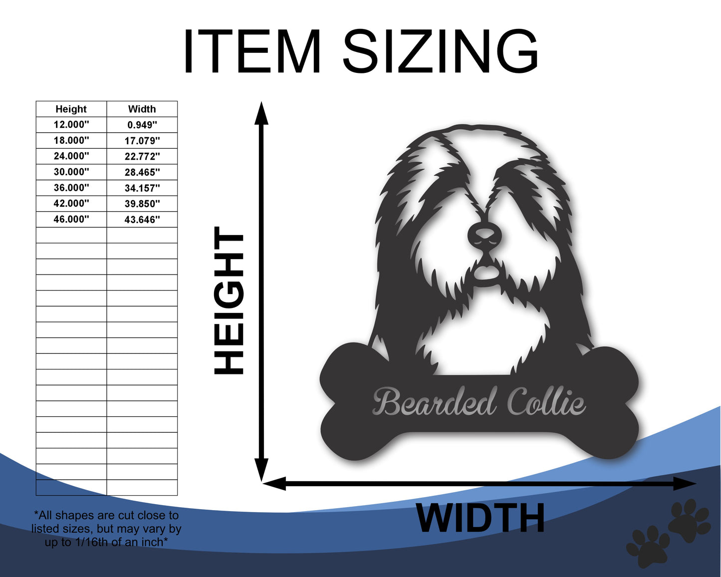 Custom Metal Bearded Collie Wall Art -  Metal Dog Breed Sign - 20+ Color Options - Up to 46"