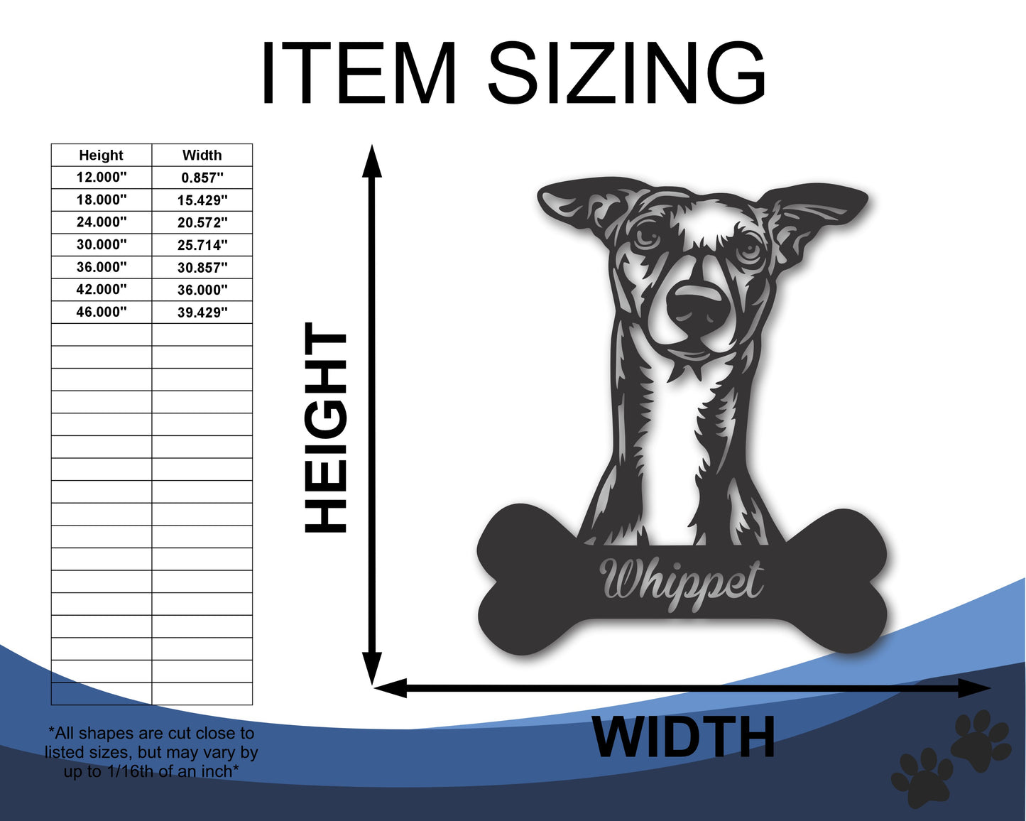 Custom Metal Whippet Wall Art - Metal Dog Breed Sign - 20+ Color Options - Up to 46"