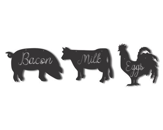 Custom Metal 3pc Farmhouse Animals Wall Art | Indoor Outdoor | Up to 46" | 20+ Color Options