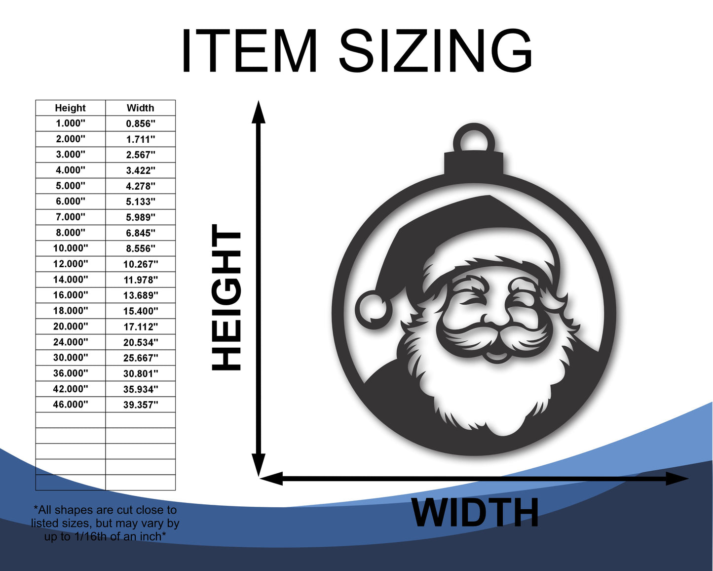 Custom Metal Santa Ornament Wall Art | Indoor Outdoor | Up to 46" | 20+ Color Options