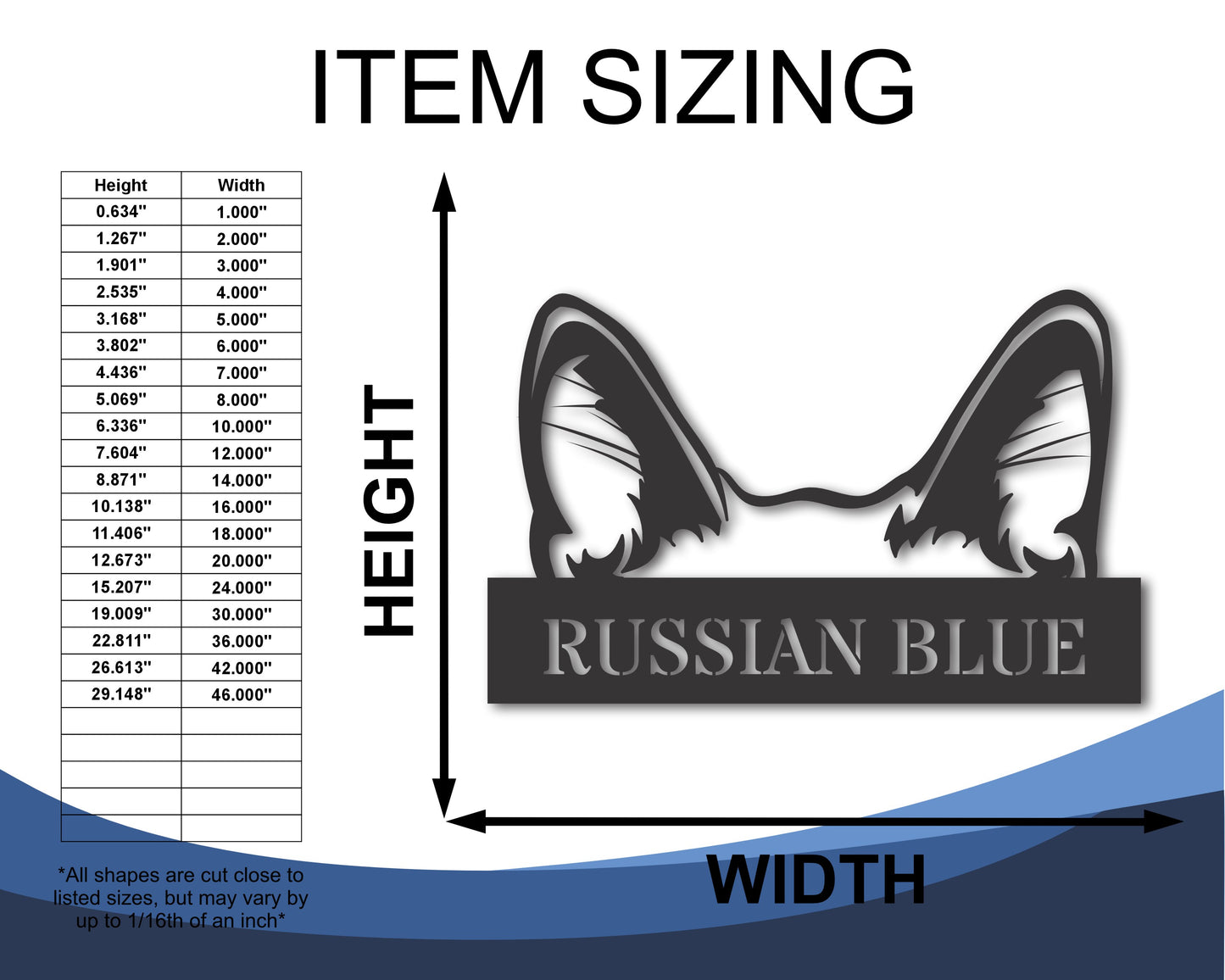 Custom Metal Russian Blue Cat Wall Art - Metal Cat Breed Sign - 20+ Color Options - Up to 46"