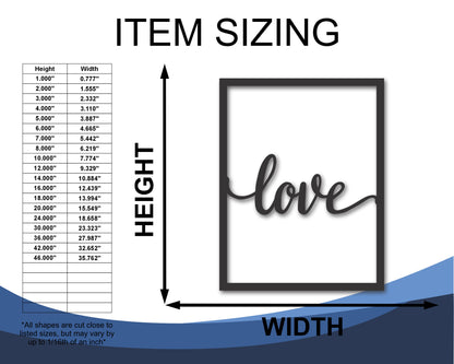 Custom Metal Love Frame Wall Art | Indoor Outdoor | Up to 46" | 20+ Color Options