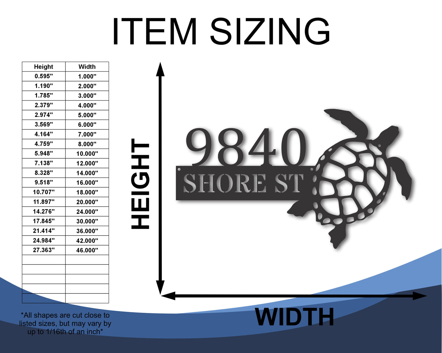 Custom Metal Sea Turtle Address Wall Art | Indoor Outdoor | Up to 46" | 20+ Color Options