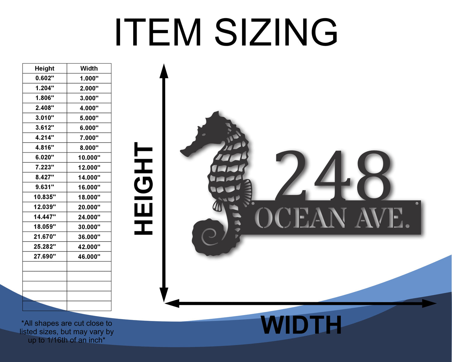 Custom Metal Seahorse Address Wall Art | Indoor Outdoor | Up to 46" | 20+ Color Options