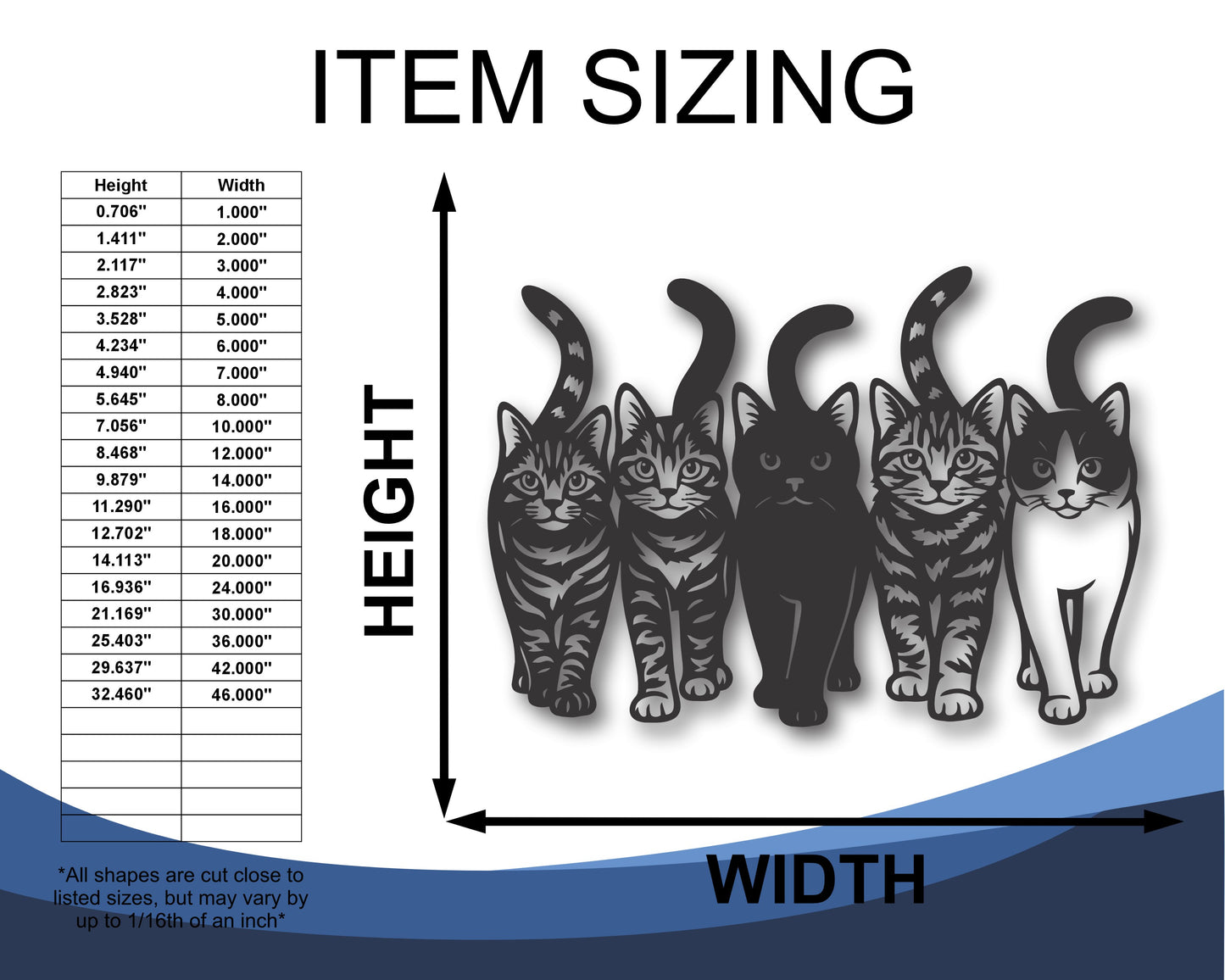 Custom Metal Walking Cats Wall Art | Indoor Outdoor | Up to 46" | 20+ Color Options
