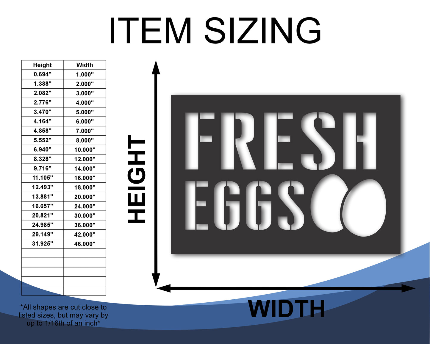 Custom Metal Fresh Eggs Sign | Indoor Outdoor | Up to 46" | 20+ Color Options