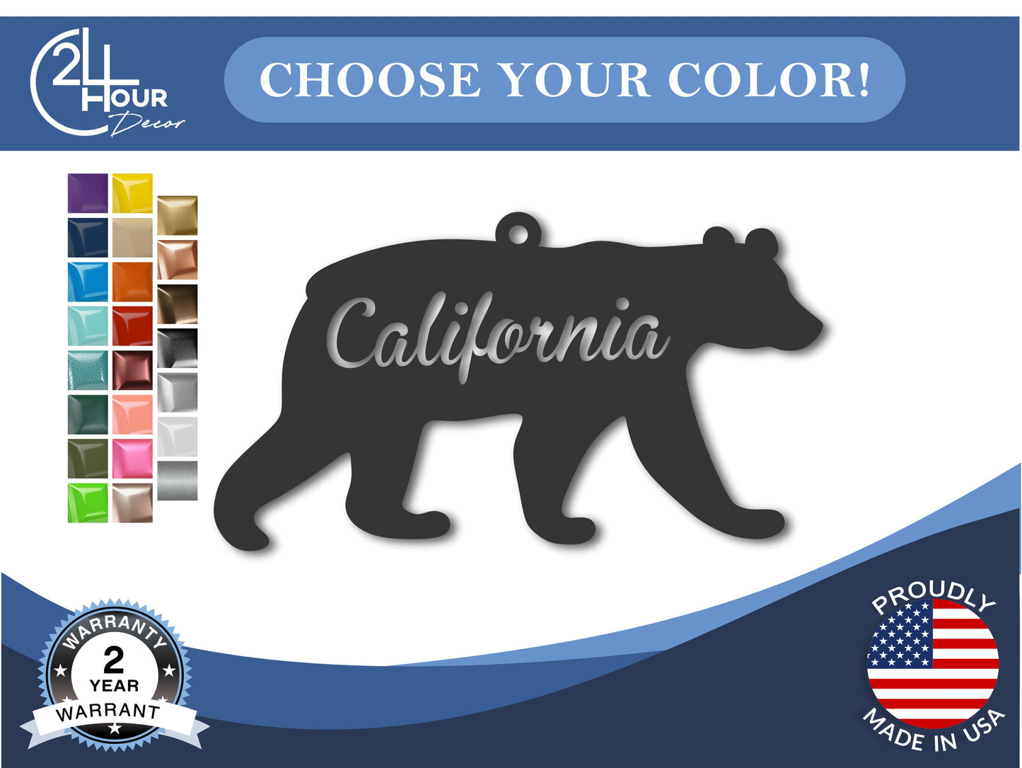 Custom Metal California Bear Ornament | 4" to 5" | State Ornaments | 20+ Color Options
