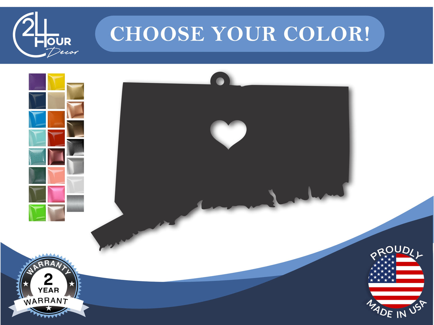 Custom Metal Hartford Connecticut State Ornament | 4" to 5" | State Ornaments | 20+ Color Options