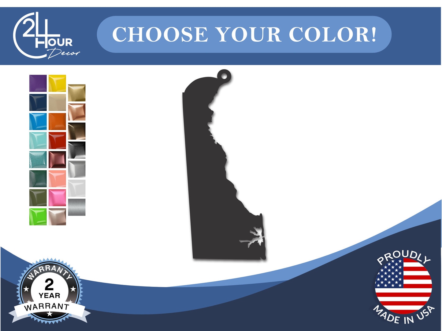 Custom Metal Delaware State Ornament | 4" to 5" | State Ornaments | 20+ Color Options