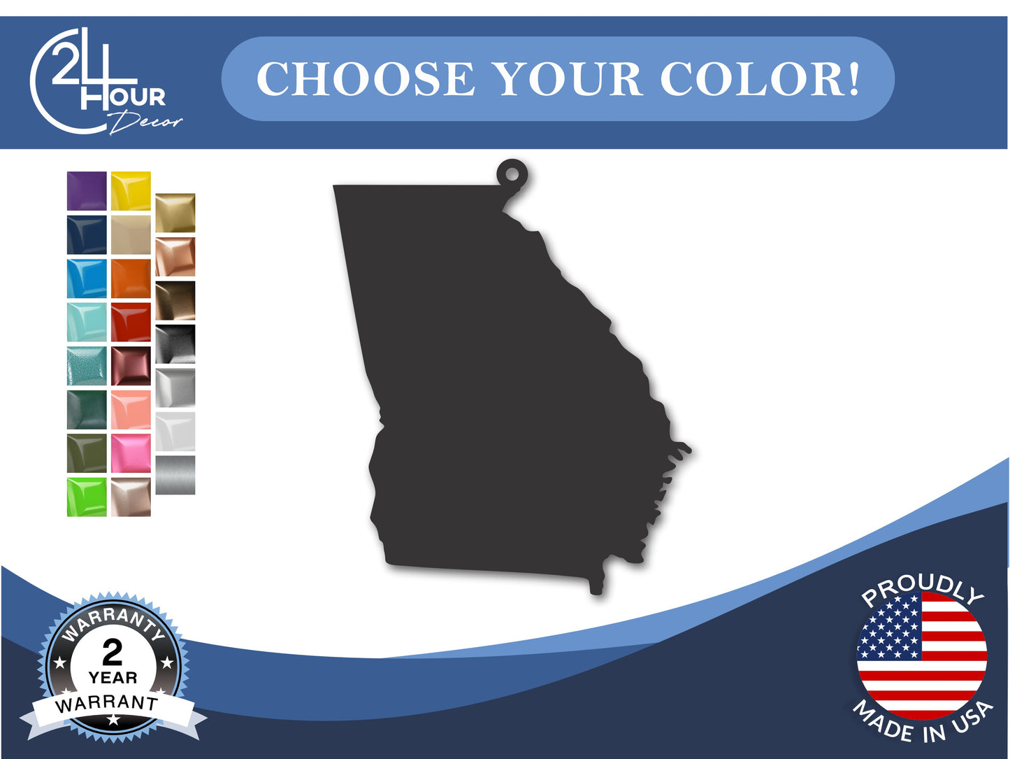 Custom Metal Georgia State Ornament | 4" to 5" | State Ornaments | 20+ Color Options