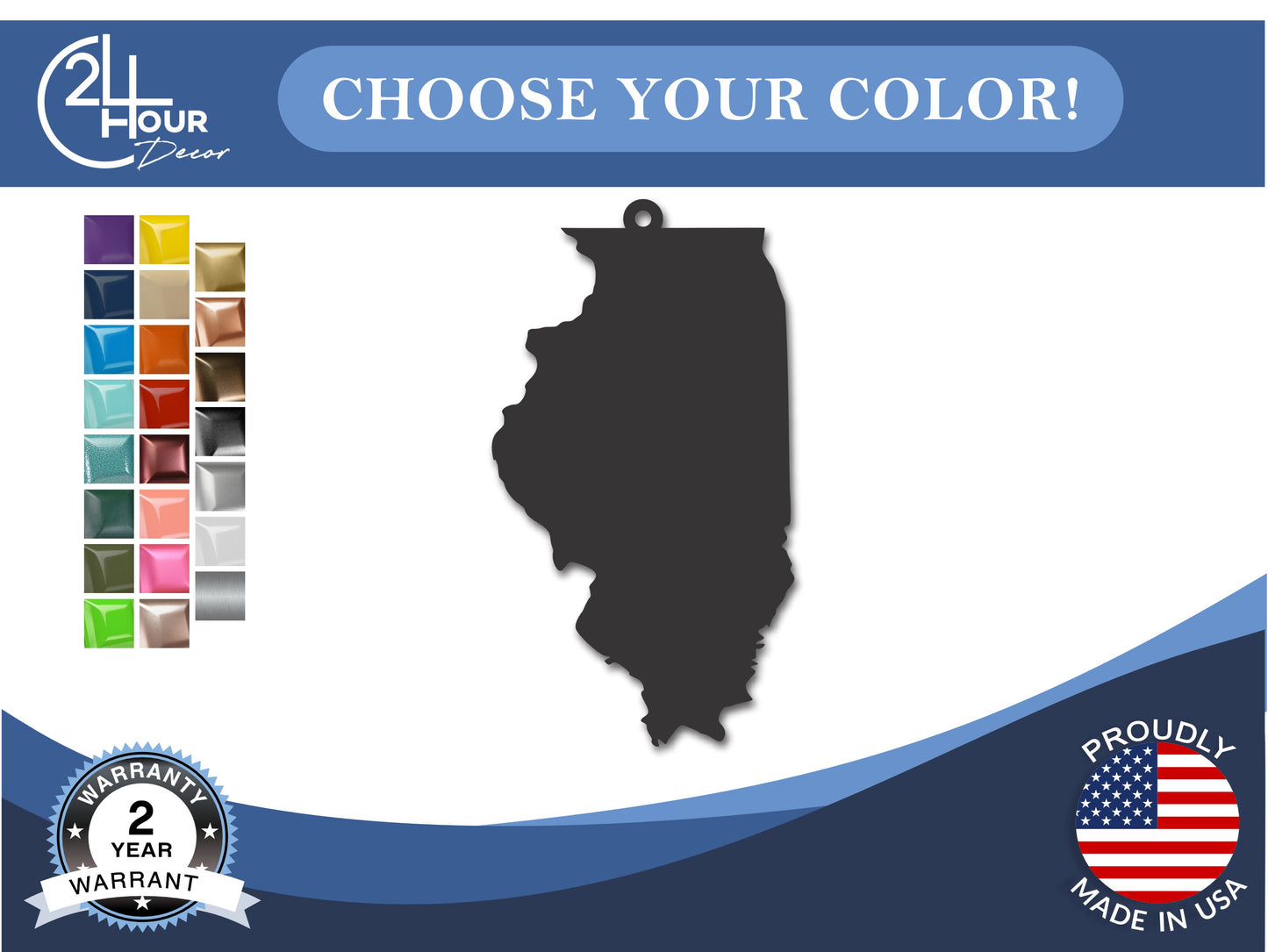 Custom Metal Illinois State Ornament | 4" to 5" | State Ornaments | 20+ Color Options