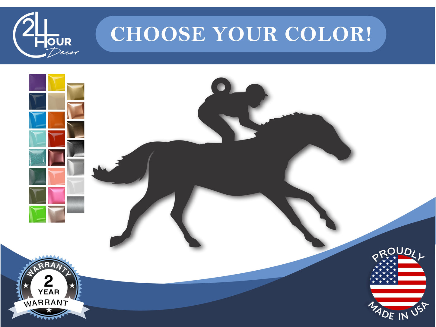 Custom Metal Horse and Jockey Ornament | 4" to 5" | State Ornaments | 20+ Color Options