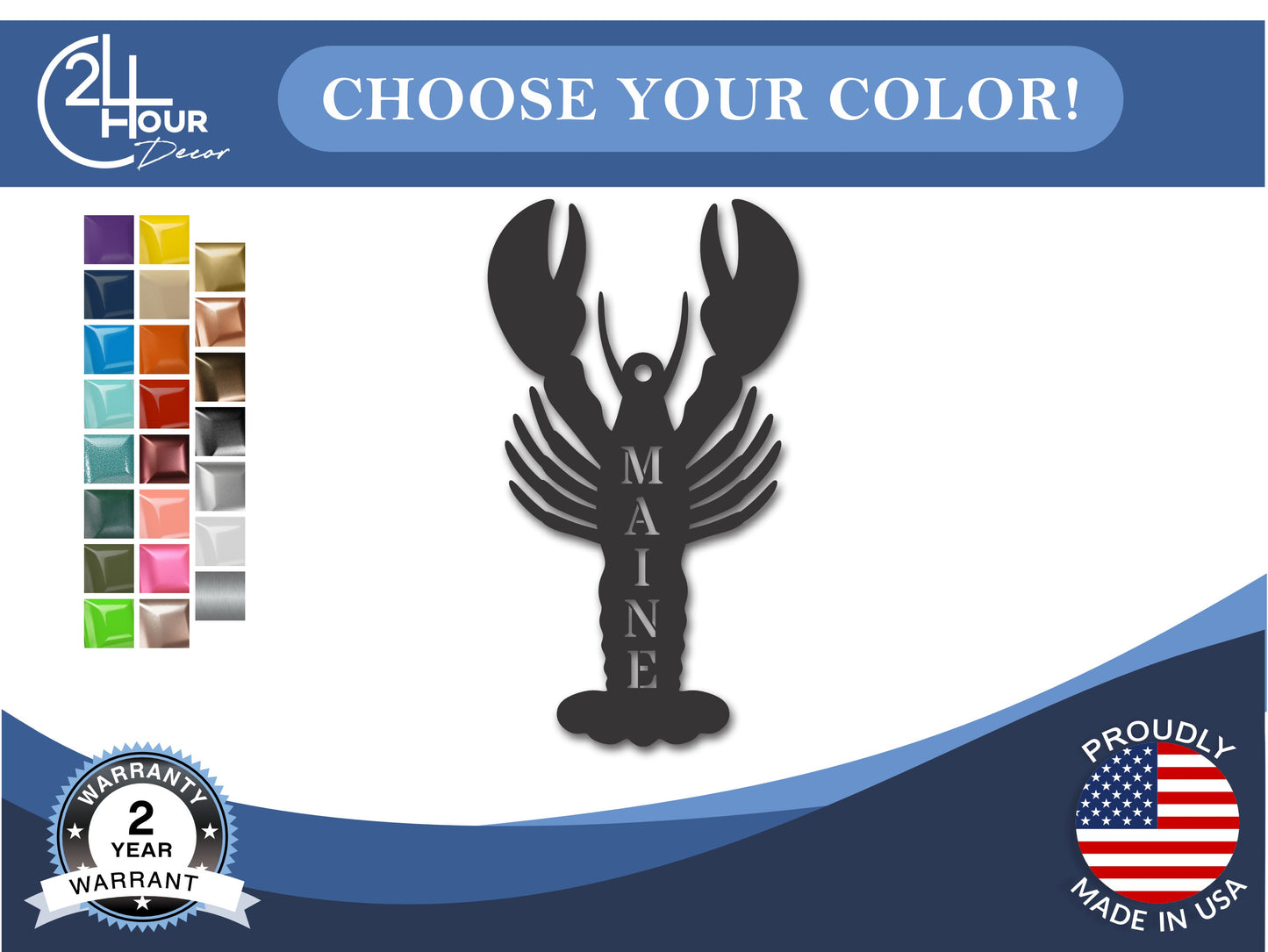 Custom Metal Maine Lobster State Ornament | 4" to 5" | State Ornaments | 20+ Color Options