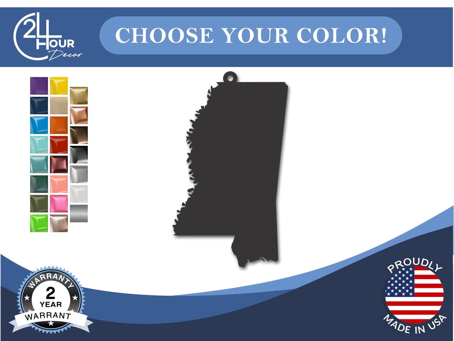 Custom Metal Mississippi State Ornament | 4" to 5" | State Ornaments | 20+ Color Options