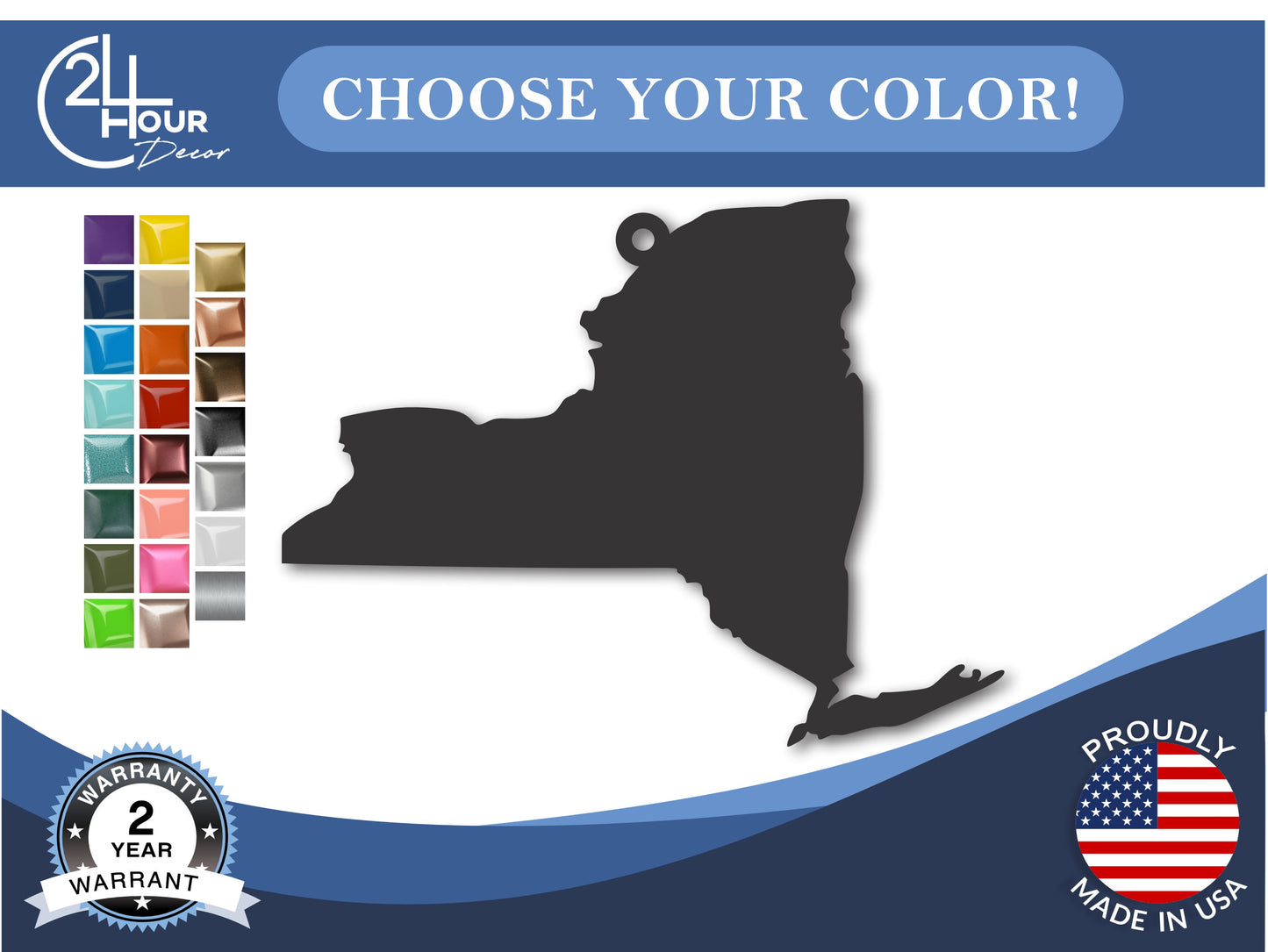 Custom Metal New York State Ornament | 4" to 5" | State Ornaments | 20+ Color Options