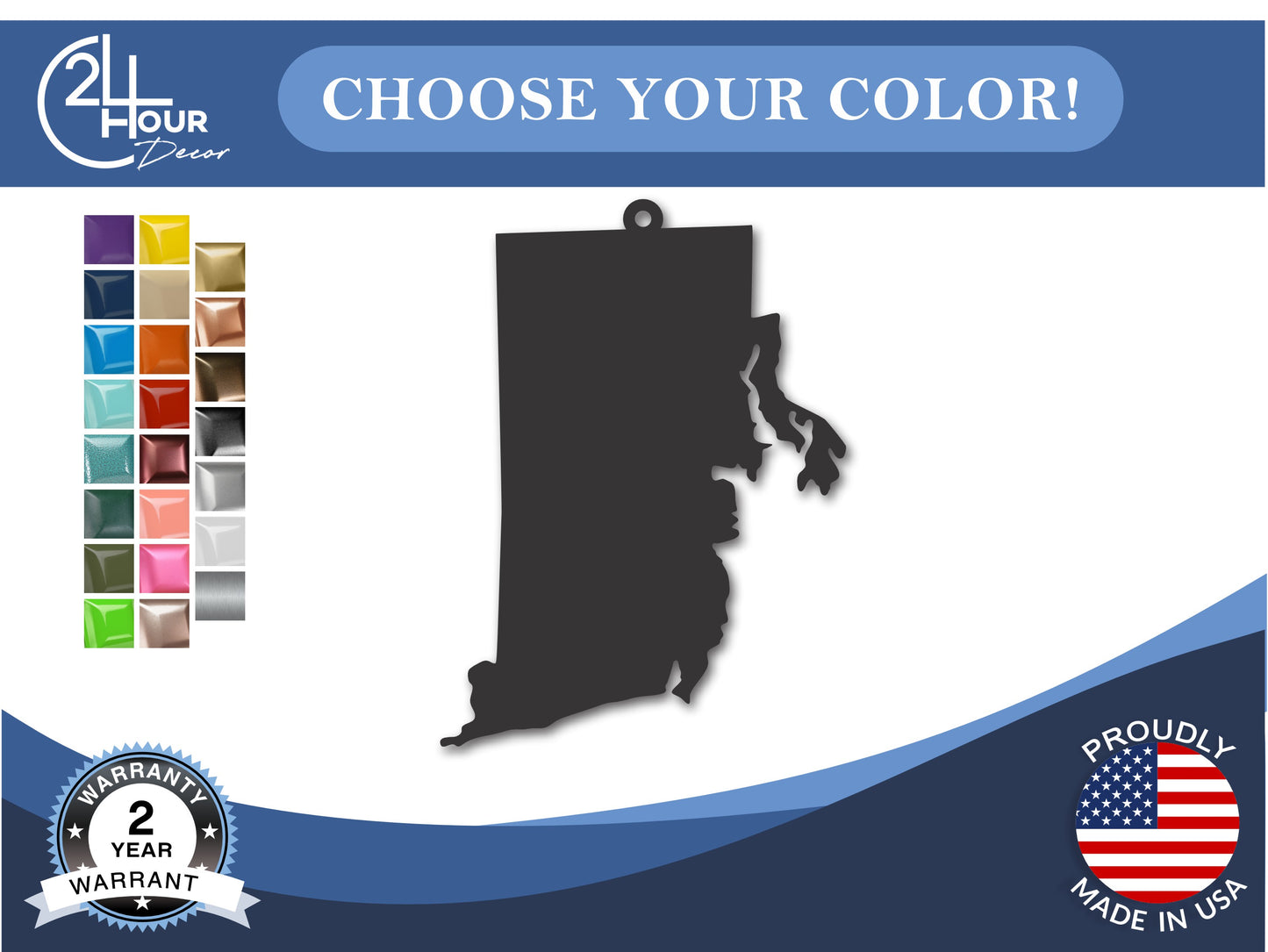 Custom Metal Rhode Island State Ornament | 4" to 5" | State Ornaments | 20+ Color Options