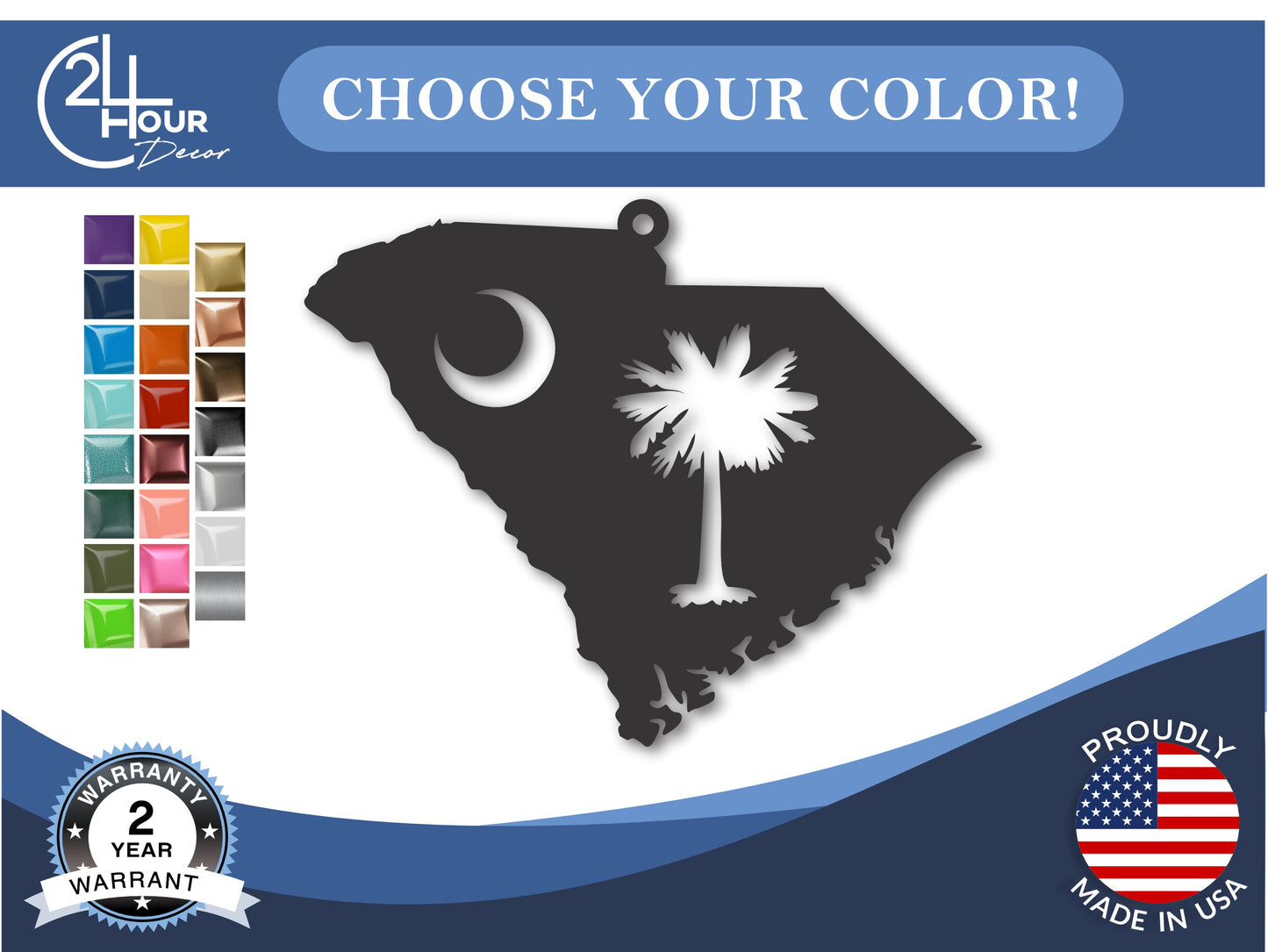 Custom Metal South Carolina Icon State Ornament | 4" to 5" | State Ornaments | 20+ Color Options
