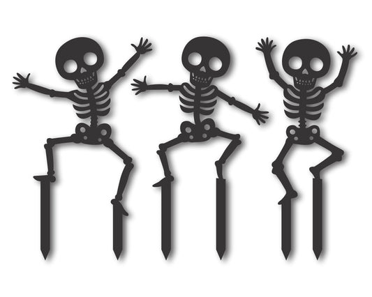 Custom Metal Happy Skeleton Trio Yard Stake Sign | 3pc | Indoor Outdoor | Up to 46" | 20+ Color Options