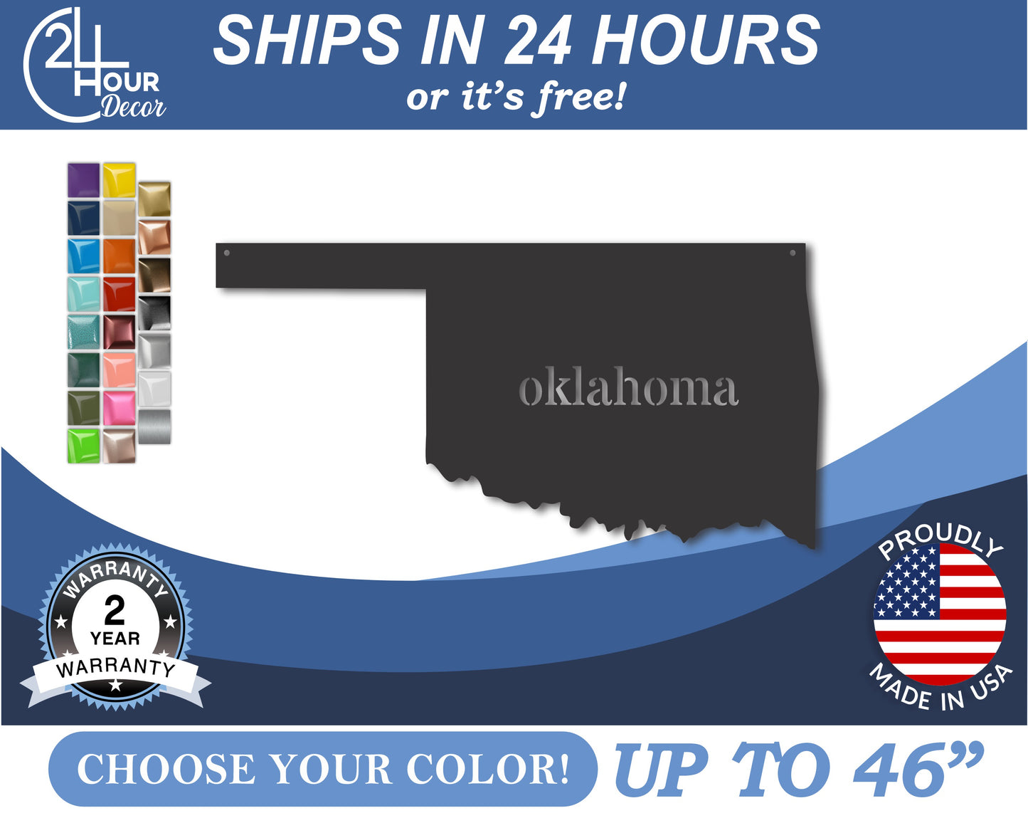 Metal Oklahoma Wall Art - Custom Metal US State Sign - 20+ Color Options